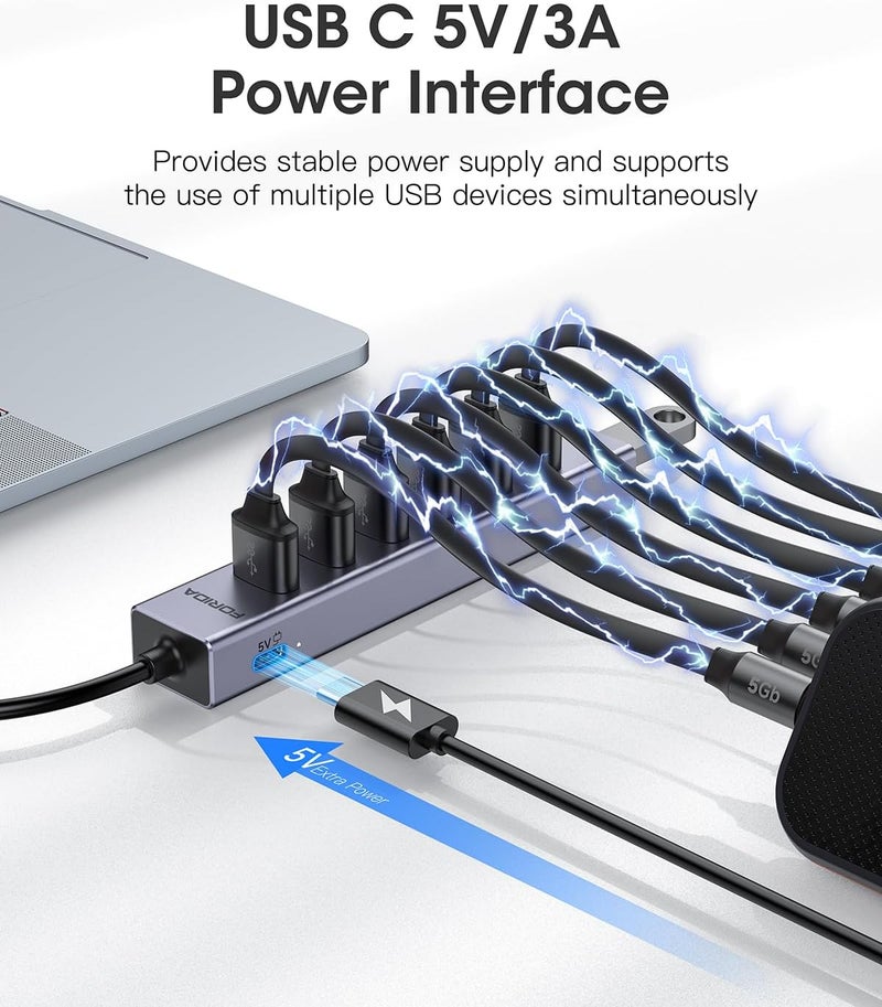 Florida محور USB 8 منافذ من سبائك الألمنيوم مع كابل طويل وموزع USB مع 7 منافذ بيانات USB 3.0 ومنفذ طاقة TypeC 5V/3A متوافق مع MacBook، الكمبيوتر المحمول، Surface Pro، PS5، الكمبيوتر الشخصي والمزيد (رمادي، USB A-47 بوصة) - Image 4